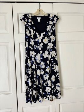 Cap sleeve women’s summer dress, London Times, navy blue and white